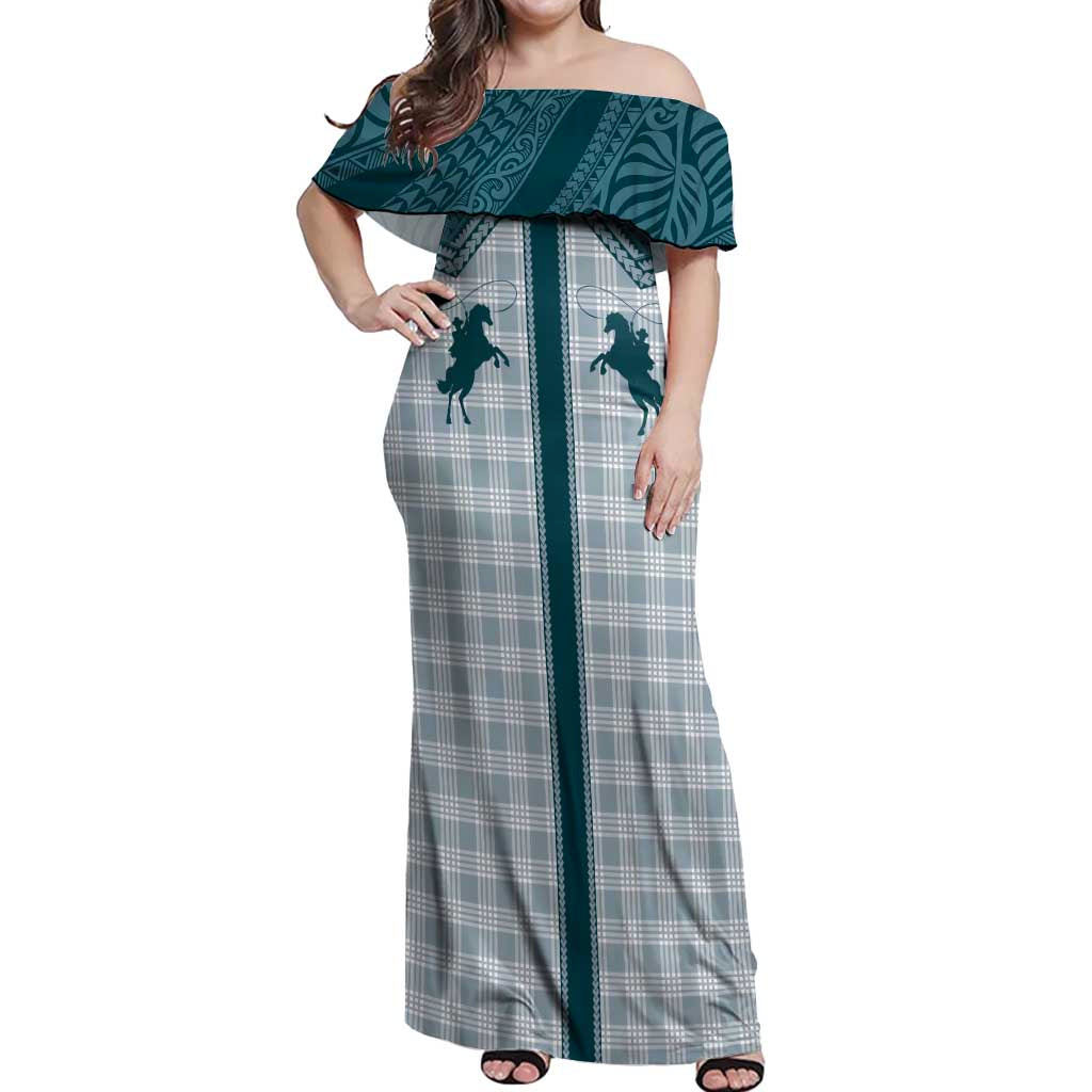 Aloha Hawaii Cowboys Paniolo Off Shoulder Maxi Dress Teal Palaka - Polynesian Pride