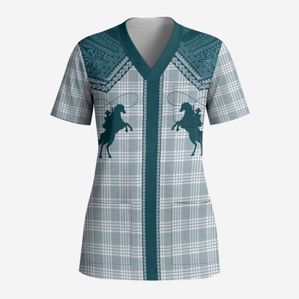 Aloha Hawaii Cowboys Paniolo Scrub Top Teal Palaka - Polynesian Pride