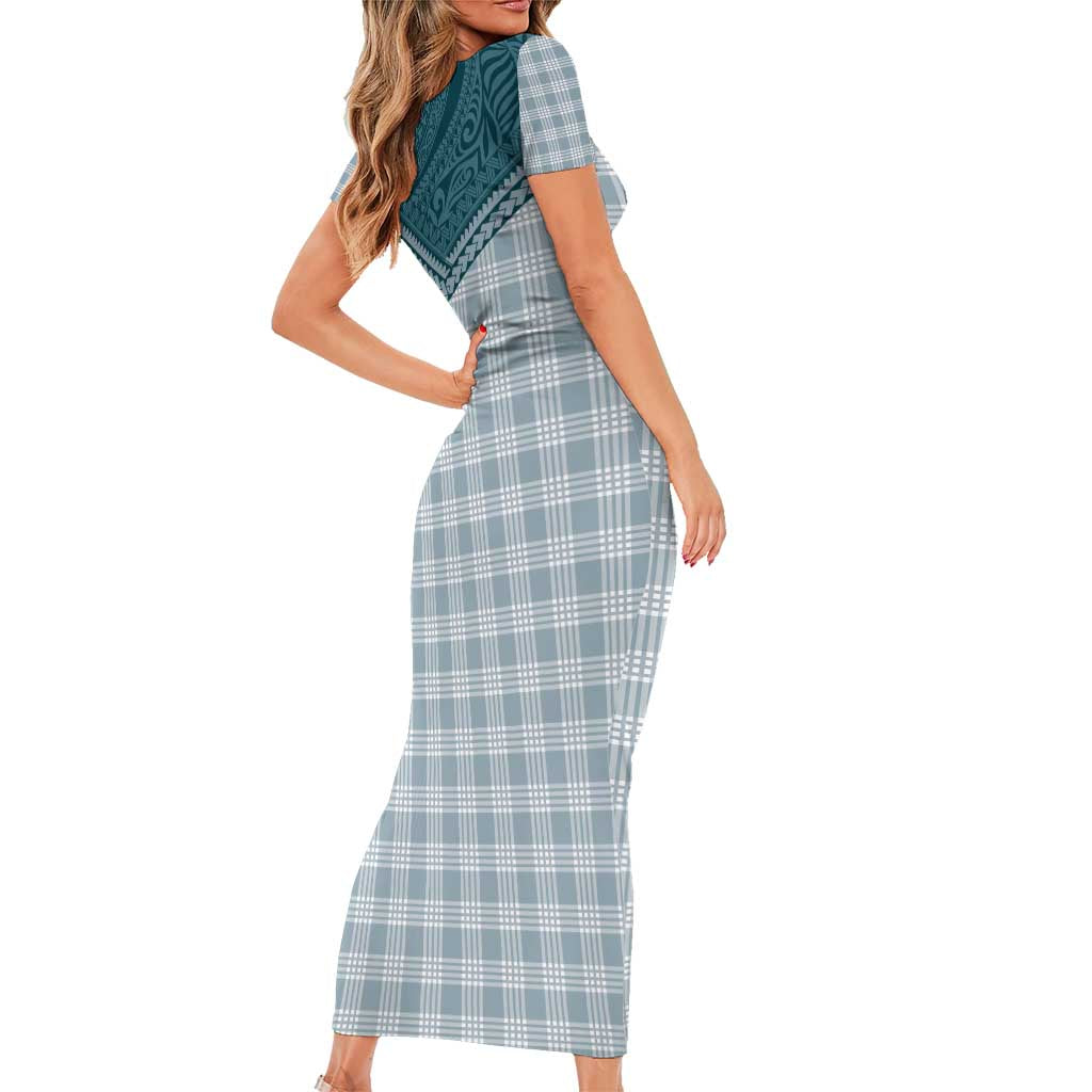 Aloha Hawaii Cowboys Paniolo Short Sleeve Bodycon Dress Teal Palaka - Polynesian Pride