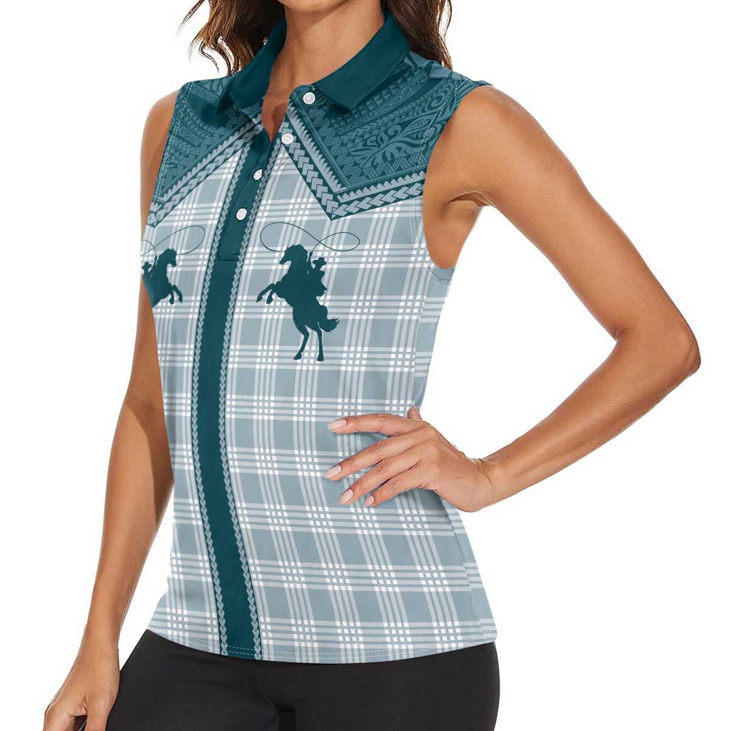 Aloha Hawaii Cowboys Paniolo Women Sleeveless Polo Shirt Teal Palaka - Polynesian Pride