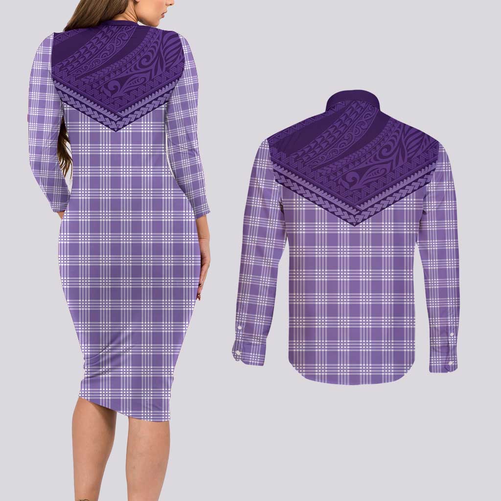 Aloha Hawaii Cowboys Paniolo Couples Matching Long Sleeve Bodycon Dress and Long Sleeve Button Shirt Violet Palaka - Polynesian Pride