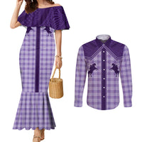 Aloha Hawaii Cowboys Paniolo Couples Matching Mermaid Dress and Long Sleeve Button Shirt Violet Palaka - Polynesian Pride