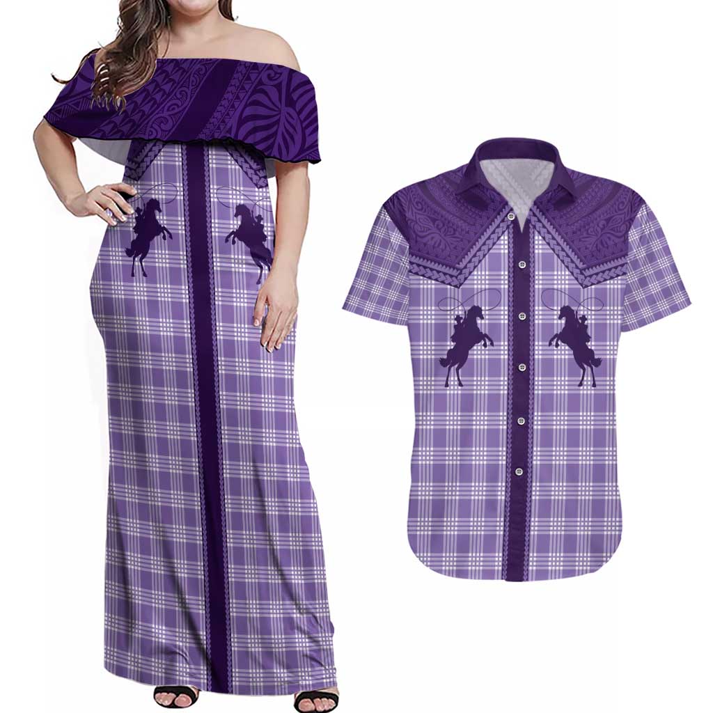 Aloha Hawaii Cowboys Paniolo Couples Matching Off Shoulder Maxi Dress and Hawaiian Shirt Violet Palaka - Polynesian Pride
