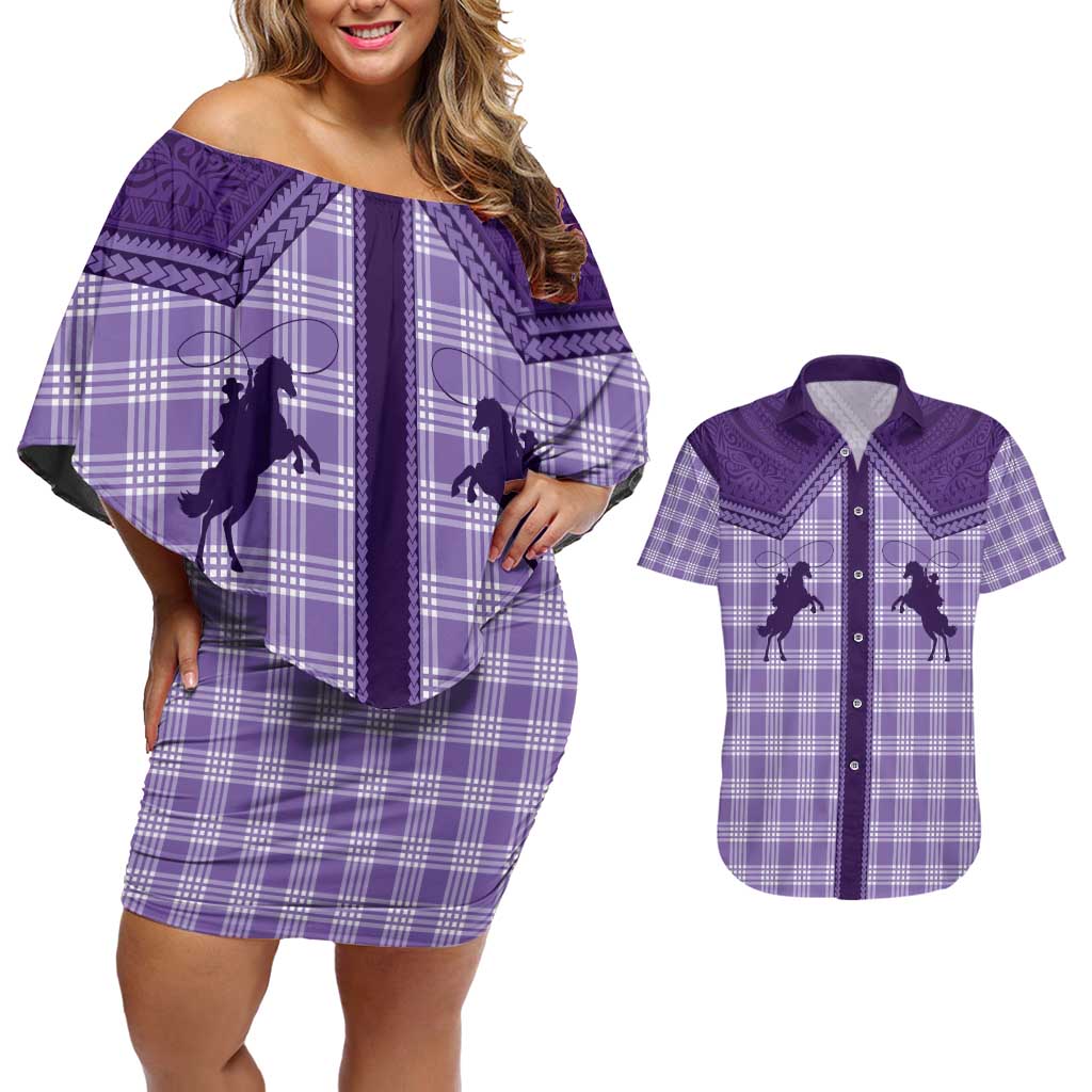 Aloha Hawaii Cowboys Paniolo Couples Matching Off Shoulder Short Dress and Hawaiian Shirt Violet Palaka - Polynesian Pride