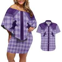 Aloha Hawaii Cowboys Paniolo Couples Matching Off Shoulder Short Dress and Hawaiian Shirt Violet Palaka - Polynesian Pride