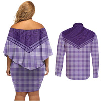 Aloha Hawaii Cowboys Paniolo Couples Matching Off Shoulder Short Dress and Long Sleeve Button Shirt Violet Palaka - Polynesian Pride