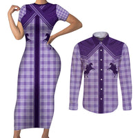 Aloha Hawaii Cowboys Paniolo Couples Matching Short Sleeve Bodycon Dress and Long Sleeve Button Shirt Violet Palaka - Polynesian Pride
