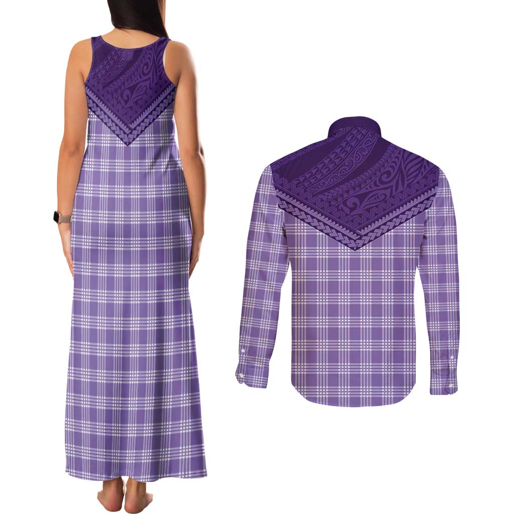 Aloha Hawaii Cowboys Paniolo Couples Matching Tank Maxi Dress and Long Sleeve Button Shirt Violet Palaka - Polynesian Pride