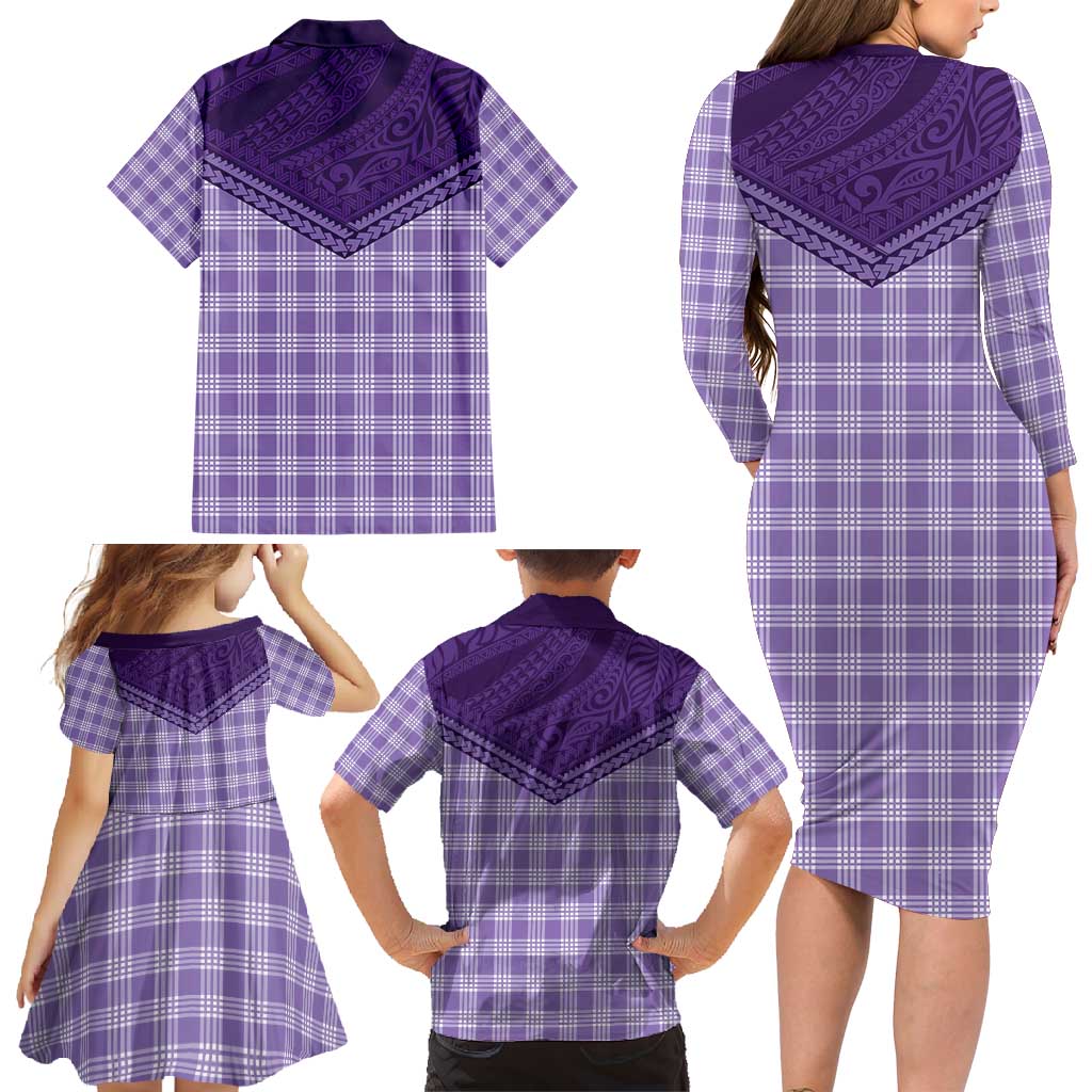 Aloha Hawaii Cowboys Paniolo Family Matching Long Sleeve Bodycon Dress and Hawaiian Shirt Violet Palaka - Polynesian Pride