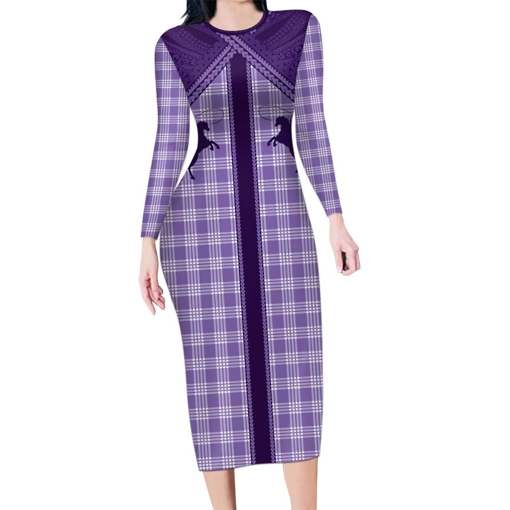 Aloha Hawaii Cowboys Paniolo Family Matching Long Sleeve Bodycon Dress and Hawaiian Shirt Violet Palaka - Polynesian Pride