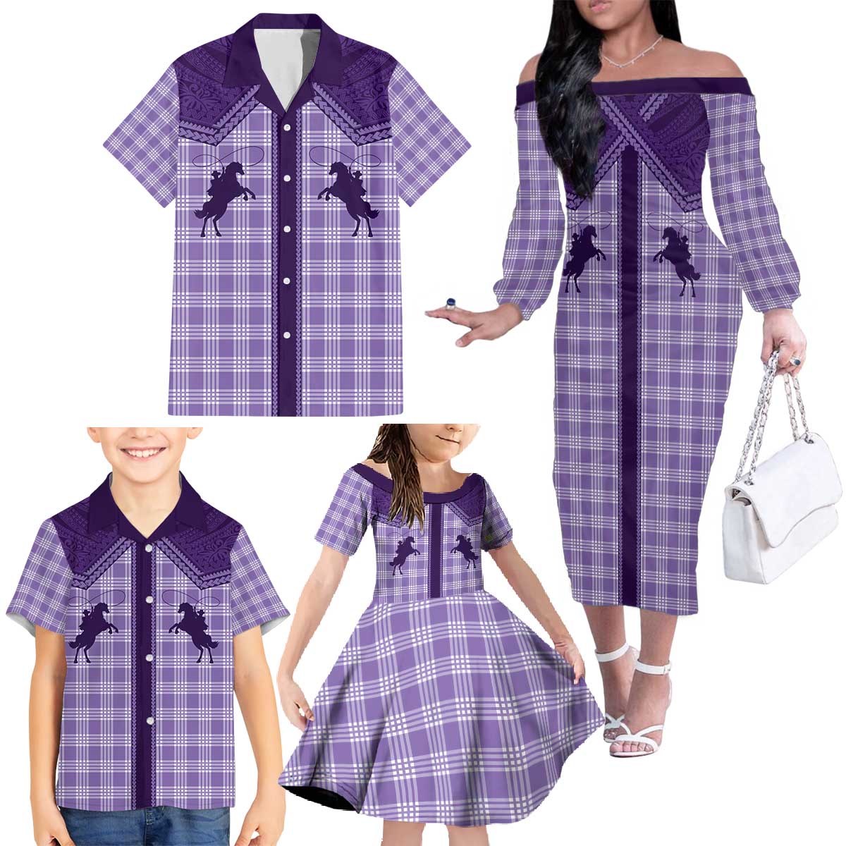 Aloha Hawaii Cowboys Paniolo Family Matching Off The Shoulder Long Sleeve Dress and Hawaiian Shirt Violet Palaka - Polynesian Pride