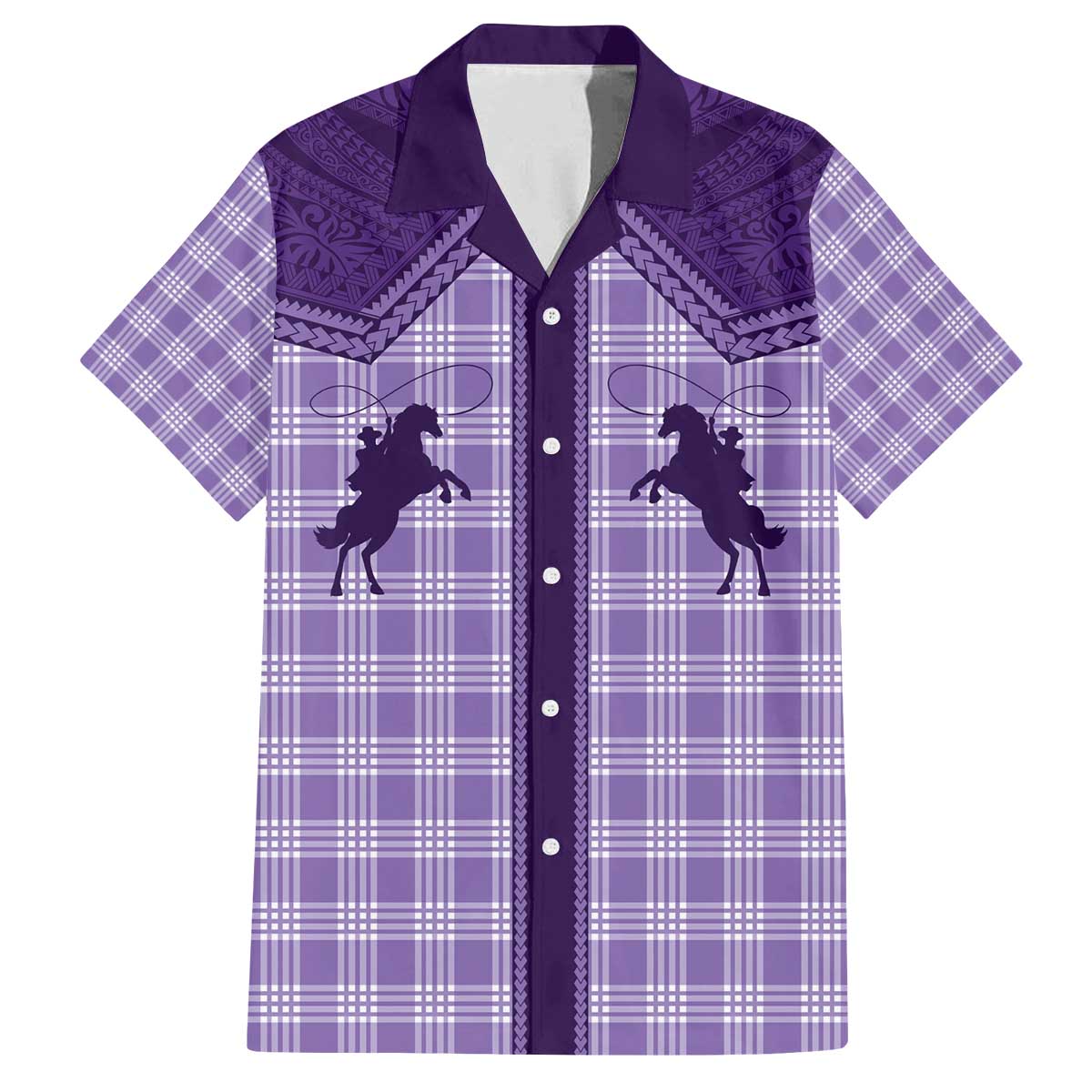 Aloha Hawaii Cowboys Paniolo Family Matching Off The Shoulder Long Sleeve Dress and Hawaiian Shirt Violet Palaka - Polynesian Pride