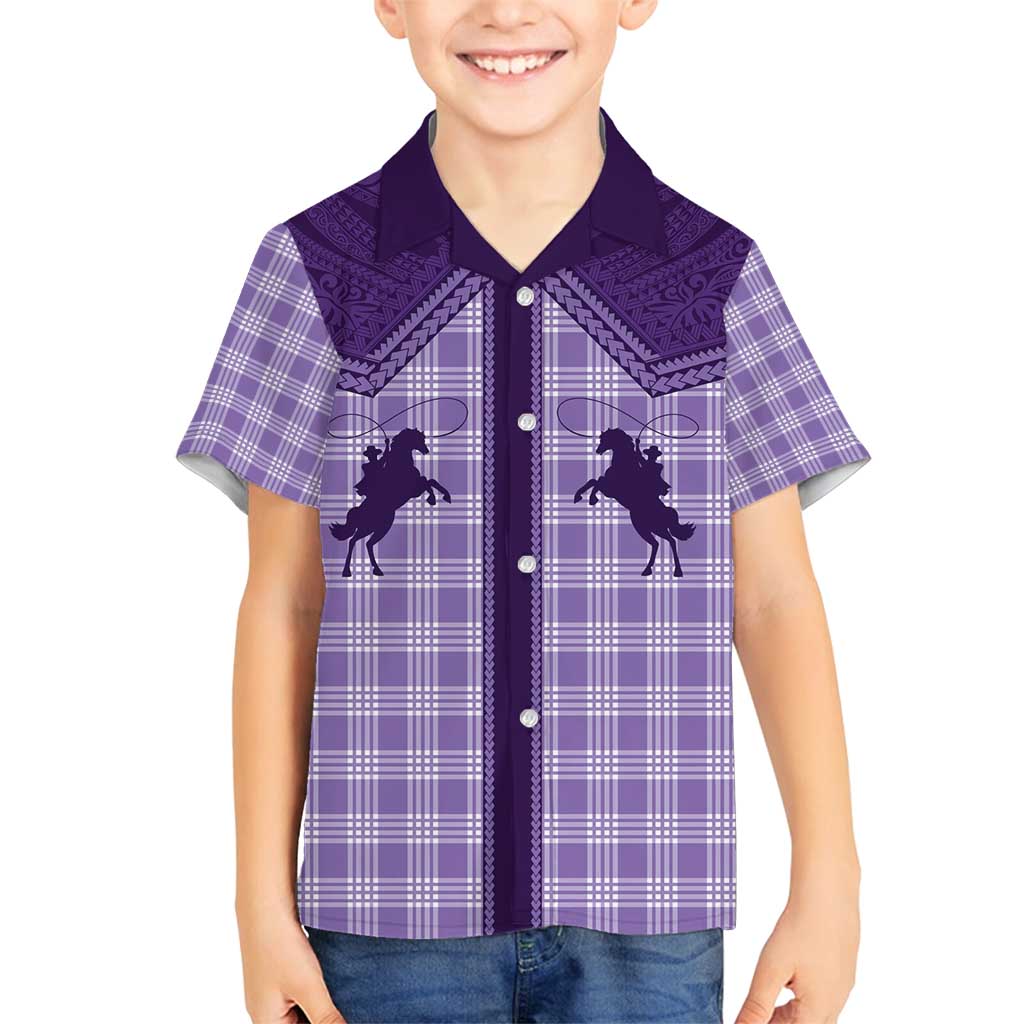 Aloha Hawaii Cowboys Paniolo Family Matching Off Shoulder Short Dress and Hawaiian Shirt Violet Palaka - Polynesian Pride