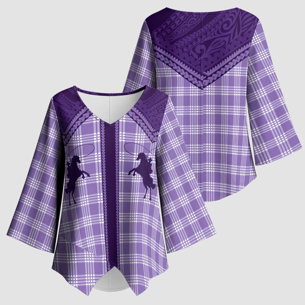 Aloha Hawaii Cowboys Paniolo Kimono Sleeve Blouse Violet Palaka - Polynesian Pride
