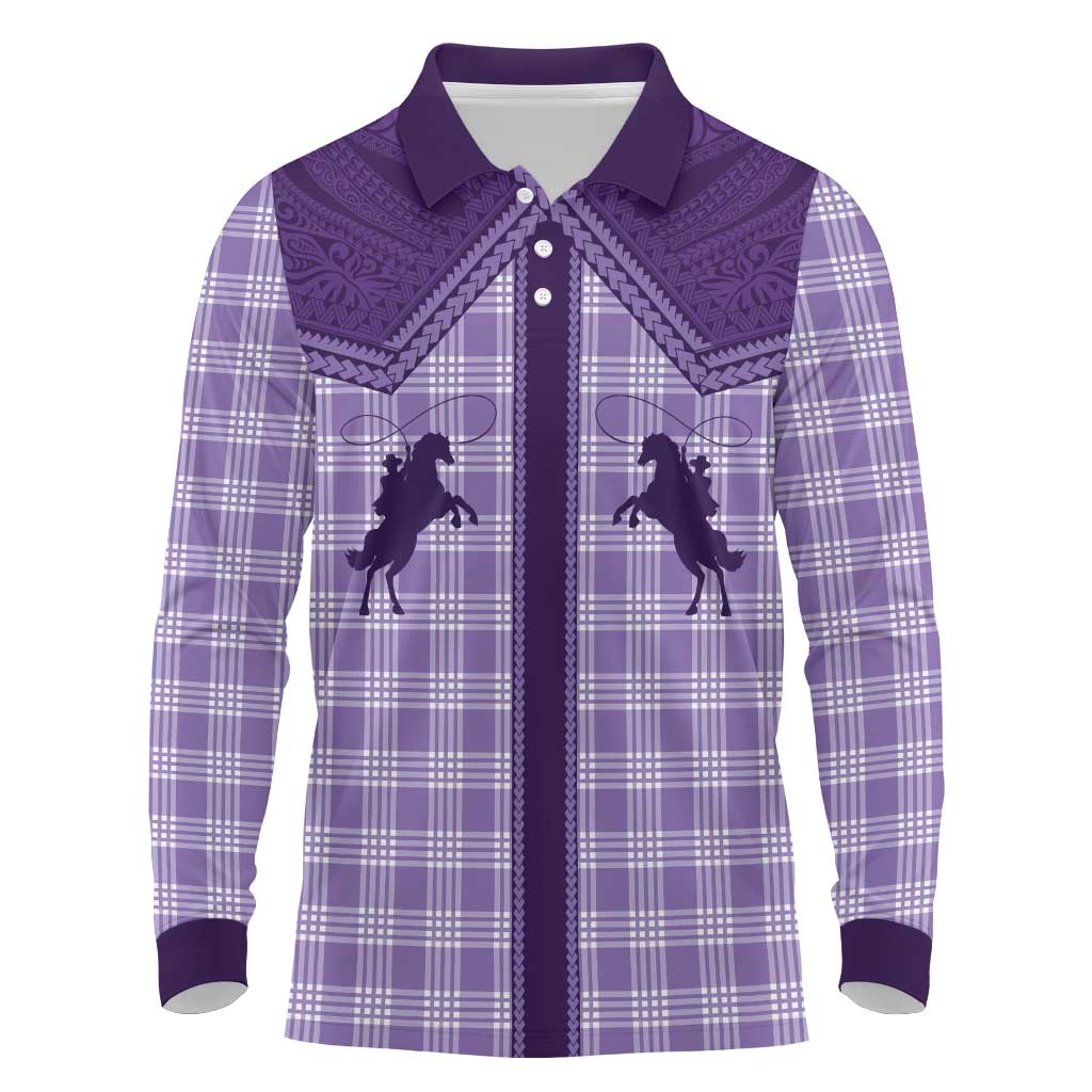 Aloha Hawaii Cowboys Paniolo Long Sleeve Polo Shirt Violet Palaka - Polynesian Pride