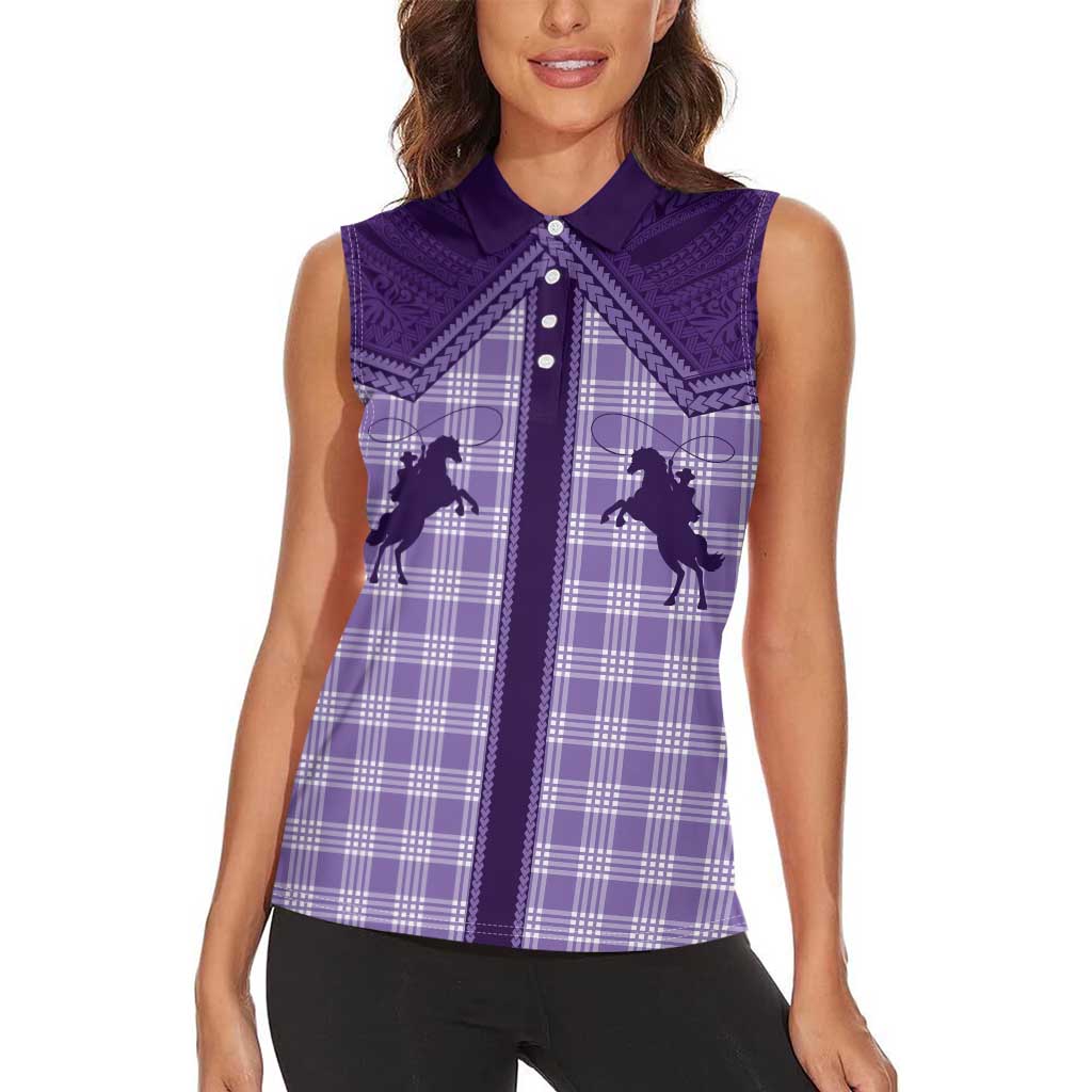 Aloha Hawaii Cowboys Paniolo Women Sleeveless Polo Shirt Violet Palaka - Polynesian Pride