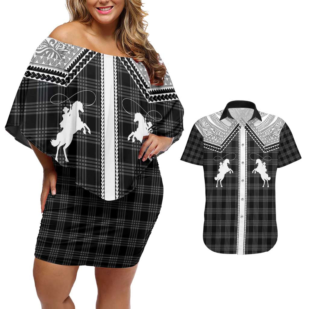 Aloha Hawaii Cowboys Paniolo Couples Matching Off Shoulder Short Dress and Hawaiian Shirt Black Palaka - Polynesian Pride