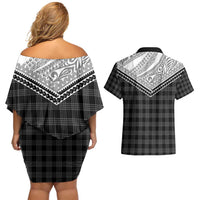 Aloha Hawaii Cowboys Paniolo Couples Matching Off Shoulder Short Dress and Hawaiian Shirt Black Palaka - Polynesian Pride