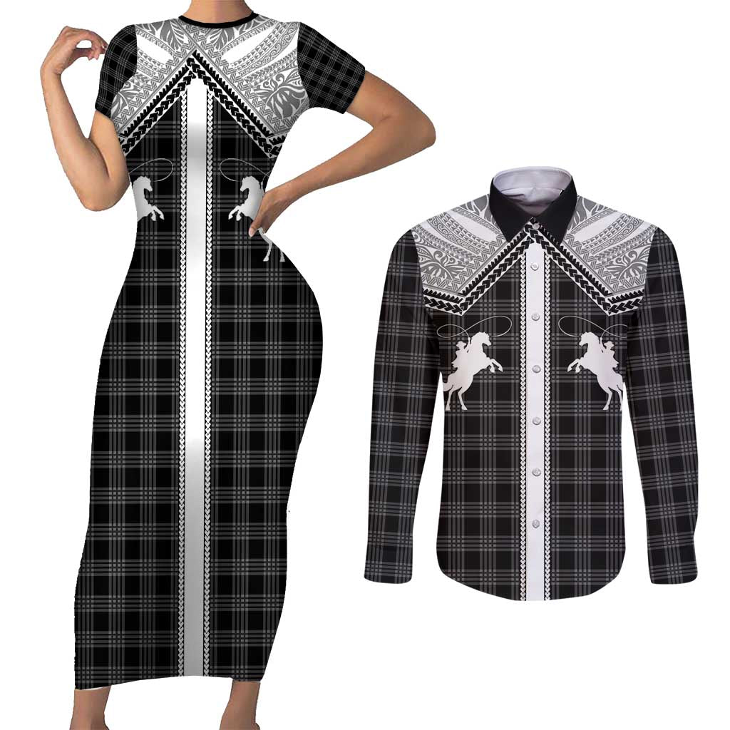 Aloha Hawaii Cowboys Paniolo Couples Matching Short Sleeve Bodycon Dress and Long Sleeve Button Shirt Black Palaka - Polynesian Pride