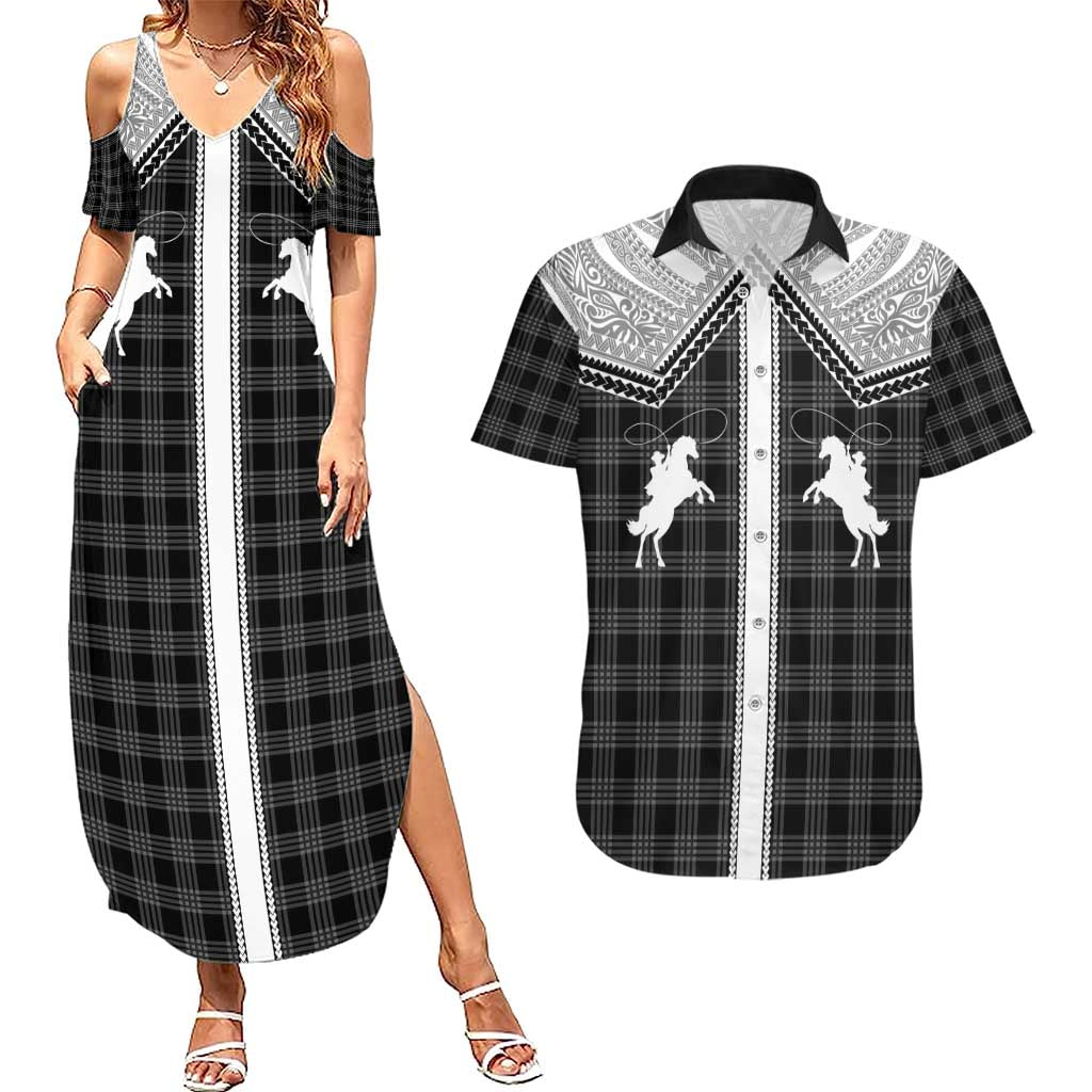 Aloha Hawaii Cowboys Paniolo Couples Matching Summer Maxi Dress and Hawaiian Shirt Black Palaka - Polynesian Pride