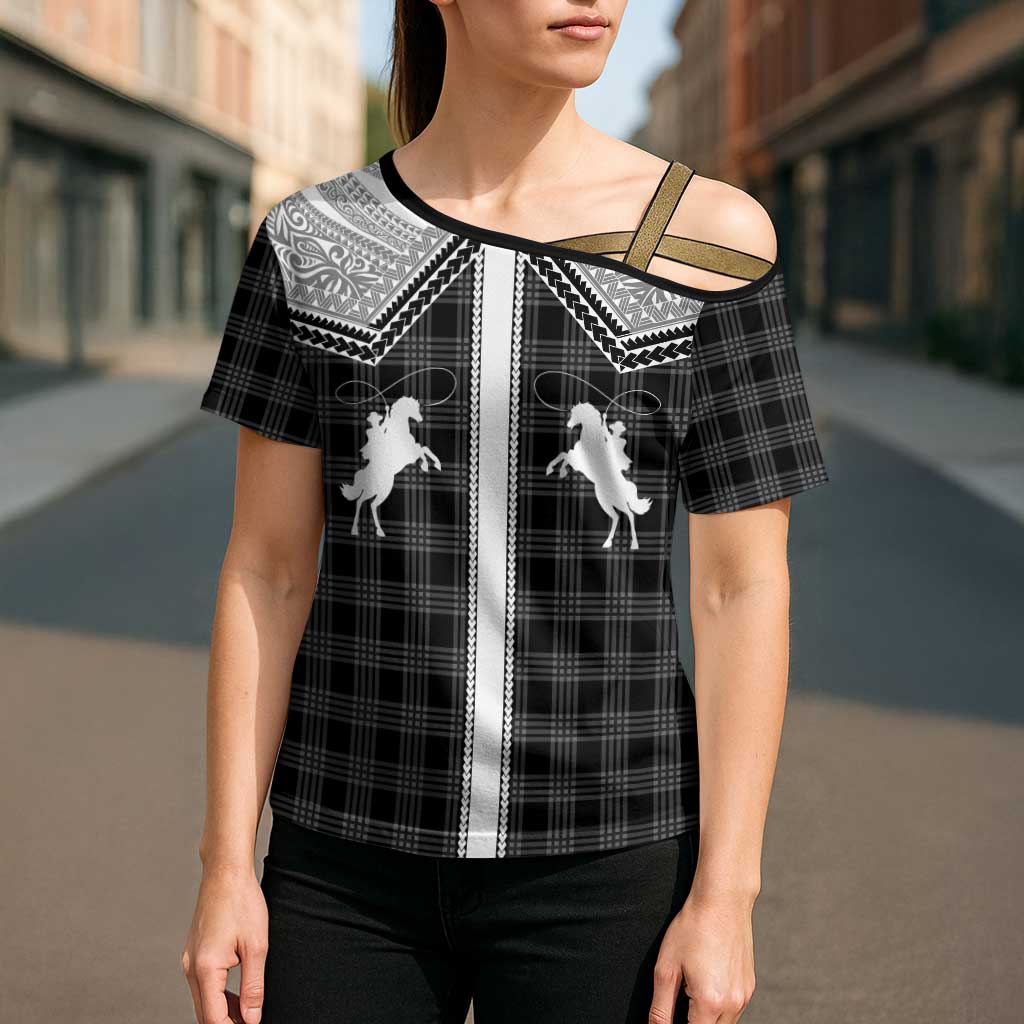 Aloha Hawaii Cowboys Paniolo Cross Shoulder Shirt Black Palaka - Polynesian Pride