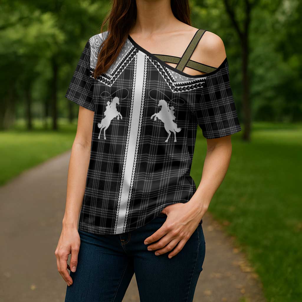 Aloha Hawaii Cowboys Paniolo Cross Shoulder Shirt Black Palaka - Polynesian Pride