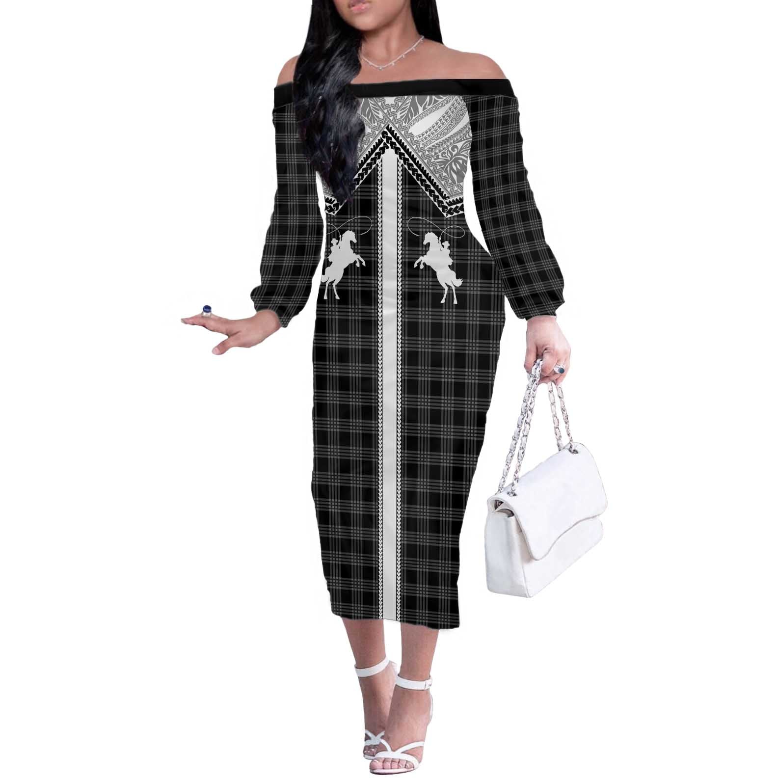 Aloha Hawaii Cowboys Paniolo Off The Shoulder Long Sleeve Dress Black Palaka - Polynesian Pride