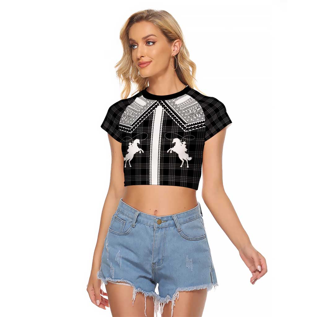 Aloha Hawaii Cowboys Paniolo Raglan Cropped T Shirt Black Palaka - Polynesian Pride