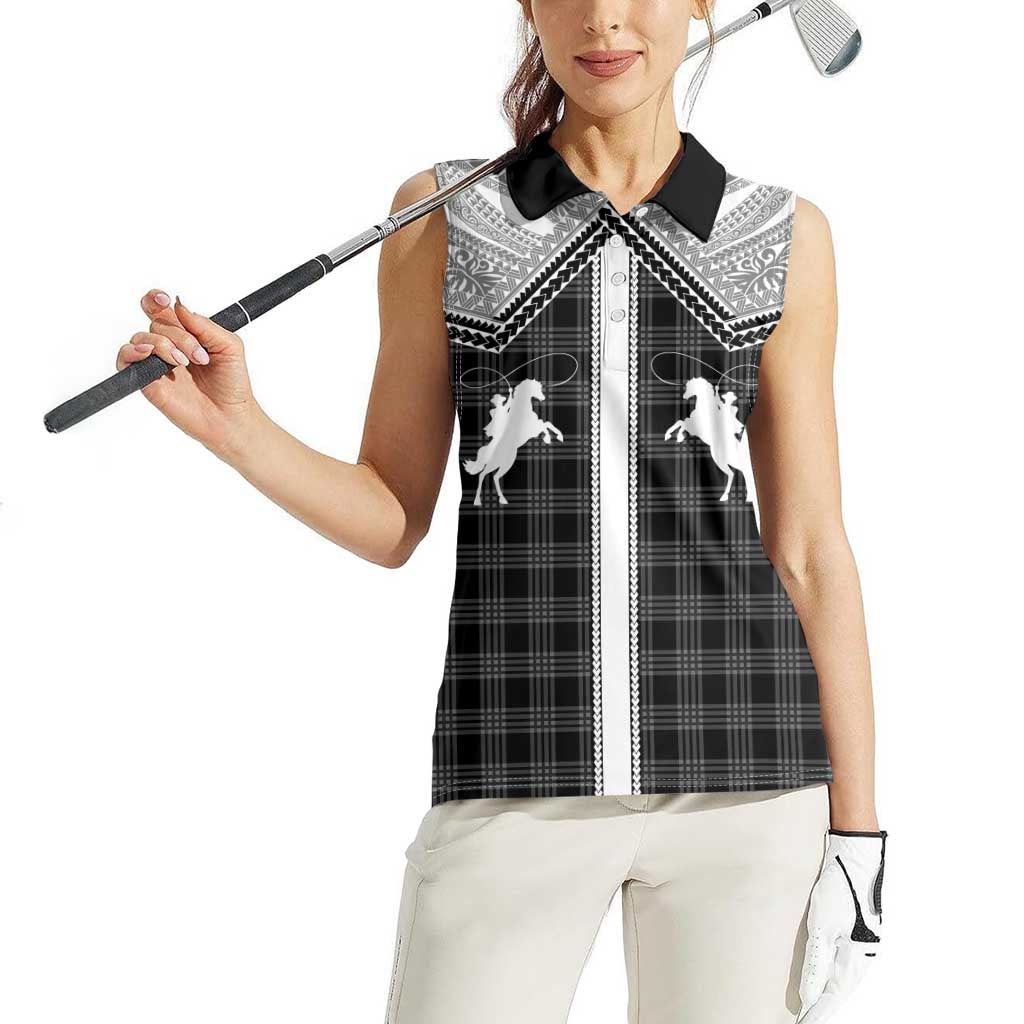 Aloha Hawaii Cowboys Paniolo Women Sleeveless Polo Shirt Black Palaka - Polynesian Pride