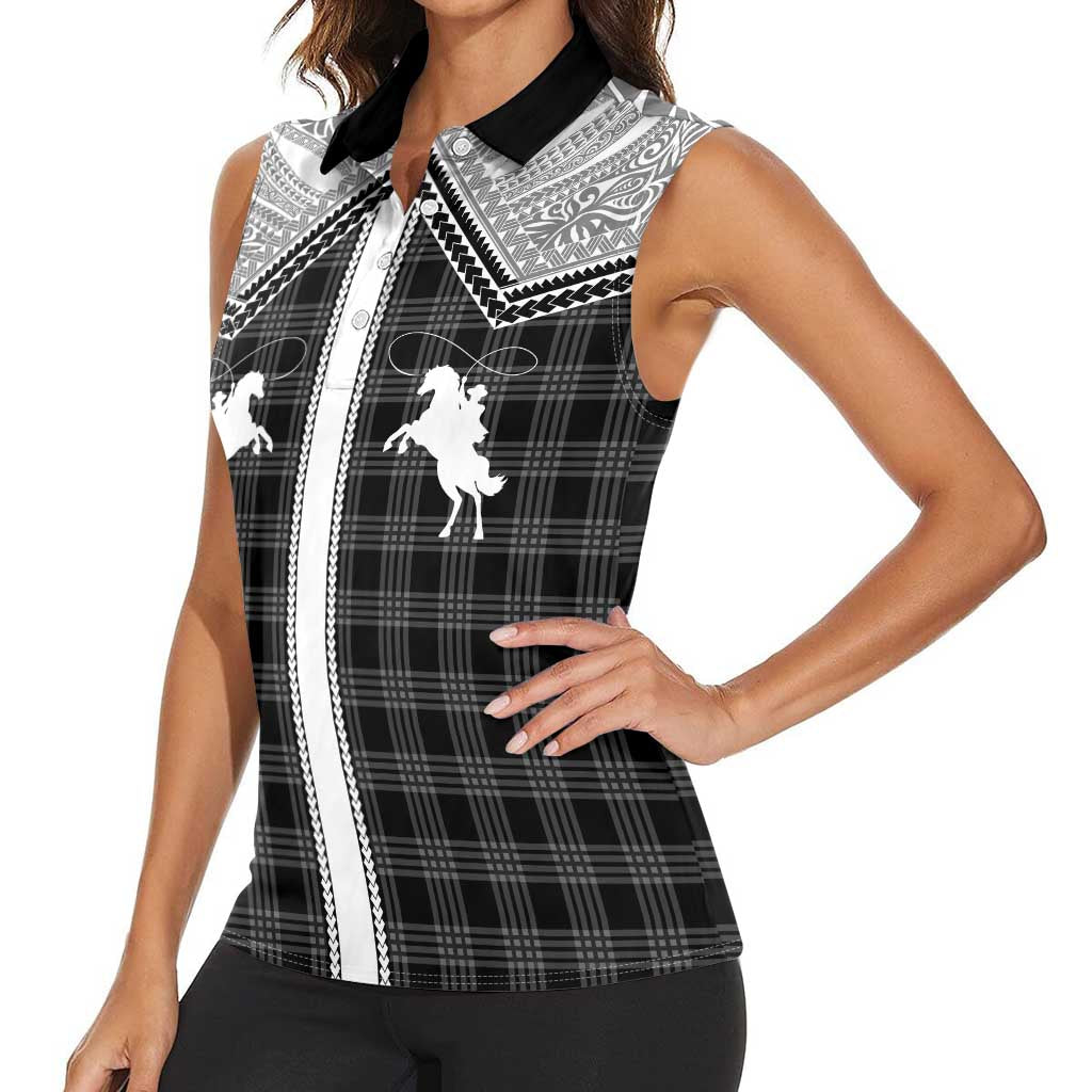 Aloha Hawaii Cowboys Paniolo Women Sleeveless Polo Shirt Black Palaka - Polynesian Pride