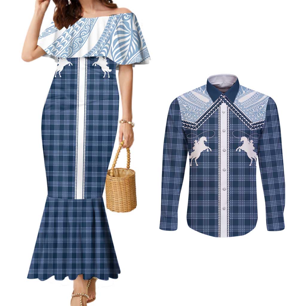 Aloha Hawaii Cowboys Paniolo Couples Matching Mermaid Dress and Long Sleeve Button Shirt Navy Blue Palaka - Polynesian Pride