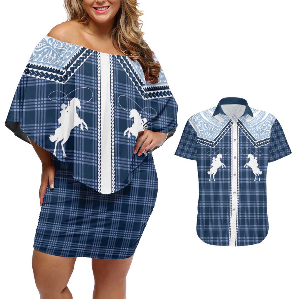 Aloha Hawaii Cowboys Paniolo Couples Matching Off Shoulder Short Dress and Hawaiian Shirt Navy Blue Palaka - Polynesian Pride