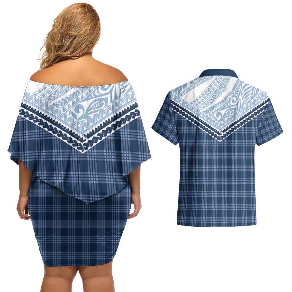 Aloha Hawaii Cowboys Paniolo Couples Matching Off Shoulder Short Dress and Hawaiian Shirt Navy Blue Palaka - Polynesian Pride