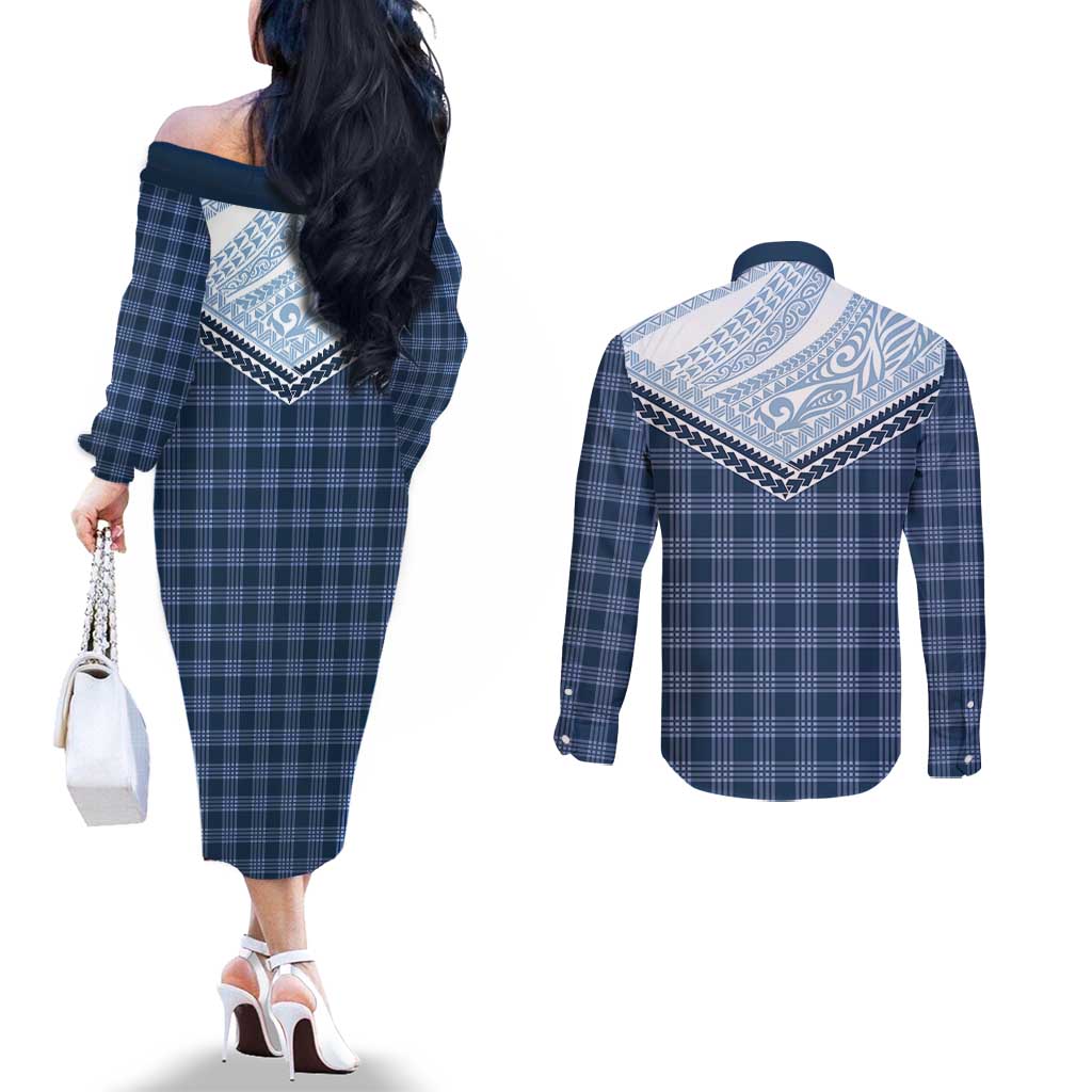 Aloha Hawaii Cowboys Paniolo Couples Matching Off The Shoulder Long Sleeve Dress and Long Sleeve Button Shirt Navy Blue Palaka - Polynesian Pride