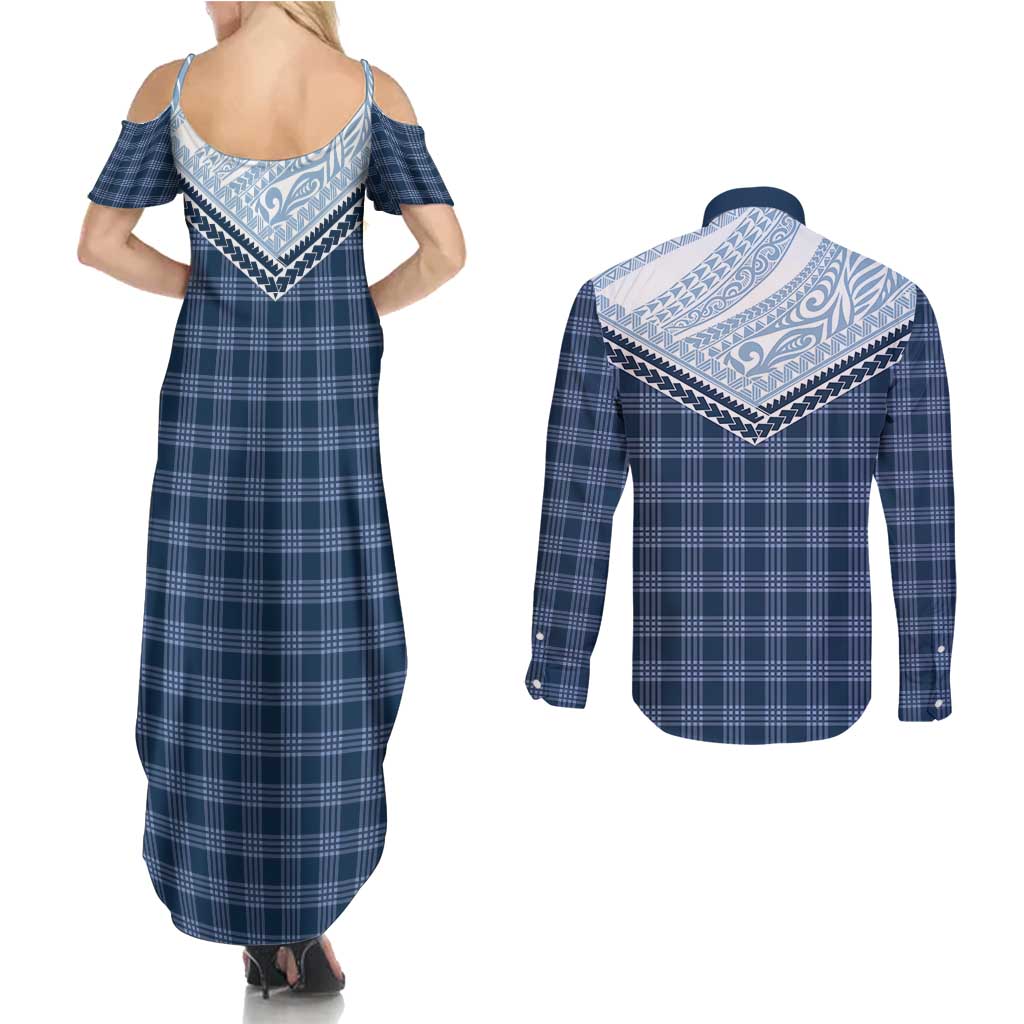 Aloha Hawaii Cowboys Paniolo Couples Matching Summer Maxi Dress and Long Sleeve Button Shirt Navy Blue Palaka - Polynesian Pride