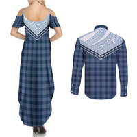 Aloha Hawaii Cowboys Paniolo Couples Matching Summer Maxi Dress and Long Sleeve Button Shirt Navy Blue Palaka - Polynesian Pride