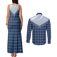 Aloha Hawaii Cowboys Paniolo Couples Matching Tank Maxi Dress and Long Sleeve Button Shirt Navy Blue Palaka - Polynesian Pride