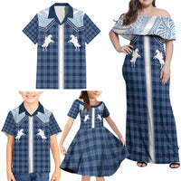 Aloha Hawaii Cowboys Paniolo Family Matching Off Shoulder Maxi Dress and Hawaiian Shirt Navy Blue Palaka - Polynesian Pride