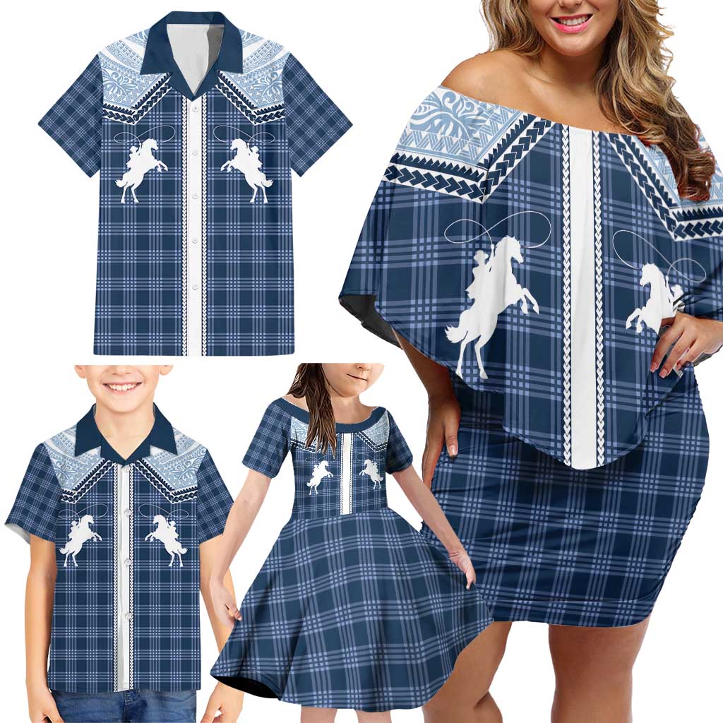 Aloha Hawaii Cowboys Paniolo Family Matching Off Shoulder Short Dress and Hawaiian Shirt Navy Blue Palaka - Polynesian Pride