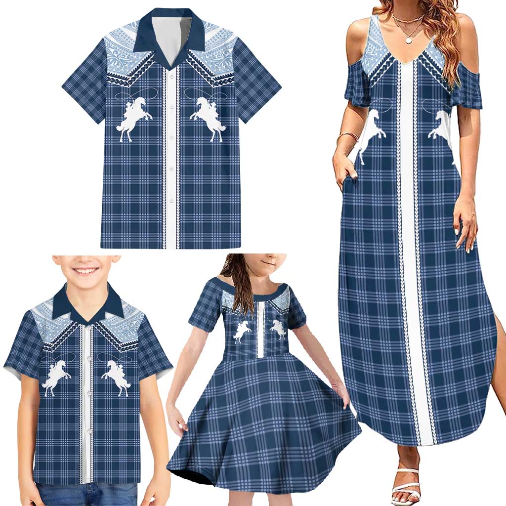 Aloha Hawaii Cowboys Paniolo Family Matching Summer Maxi Dress and Hawaiian Shirt Navy Blue Palaka - Polynesian Pride