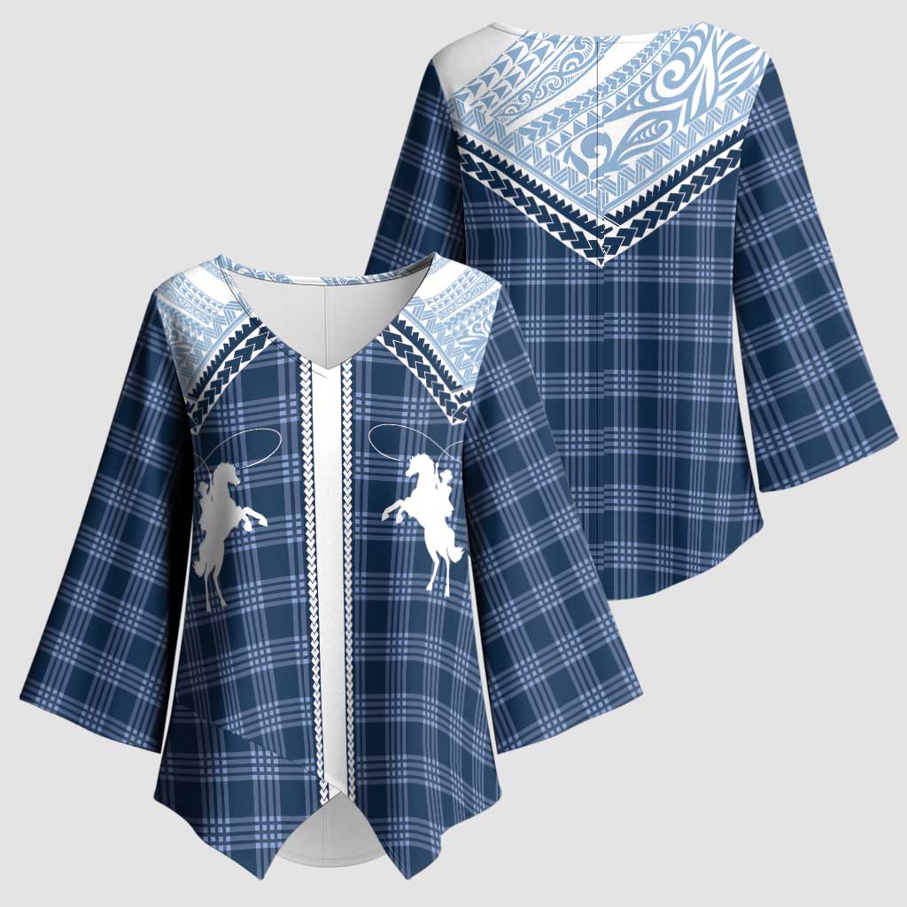 Aloha Hawaii Cowboys Paniolo Kimono Sleeve Blouse Navy Blue Palaka - Polynesian Pride