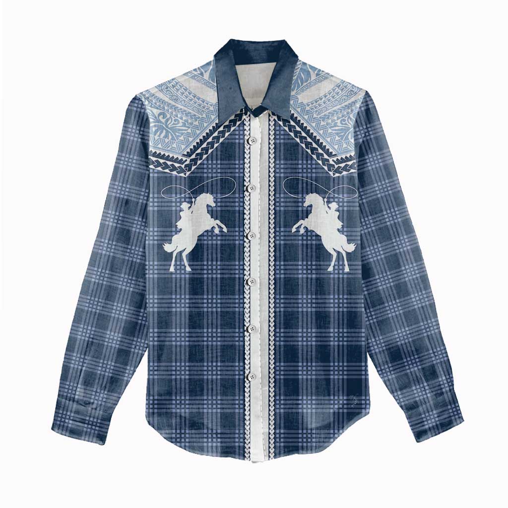 Aloha Hawaii Cowboys Paniolo Women Casual Shirt Navy Blue Palaka - Polynesian Pride