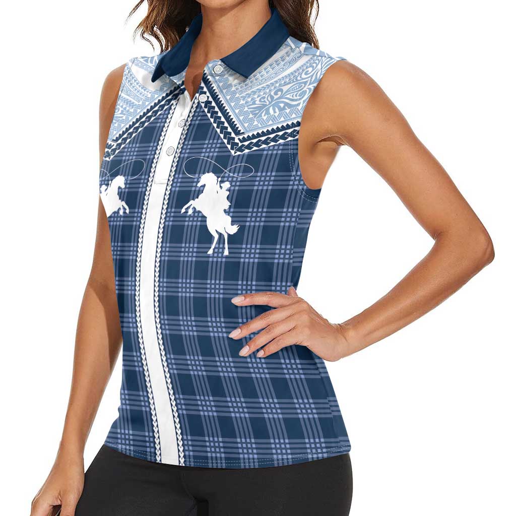 Aloha Hawaii Cowboys Paniolo Women Sleeveless Polo Shirt Navy Blue Palaka - Polynesian Pride