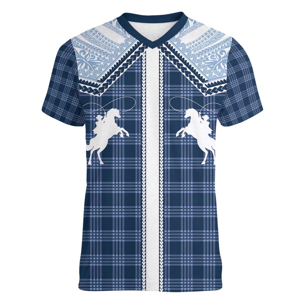 Aloha Hawaii Cowboys Paniolo Women V-Neck T-Shirt Navy Blue Palaka - Polynesian Pride