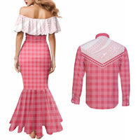 Aloha Hawaii Cowboys Paniolo Couples Matching Mermaid Dress and Long Sleeve Button Shirt Rose Palaka - Polynesian Pride