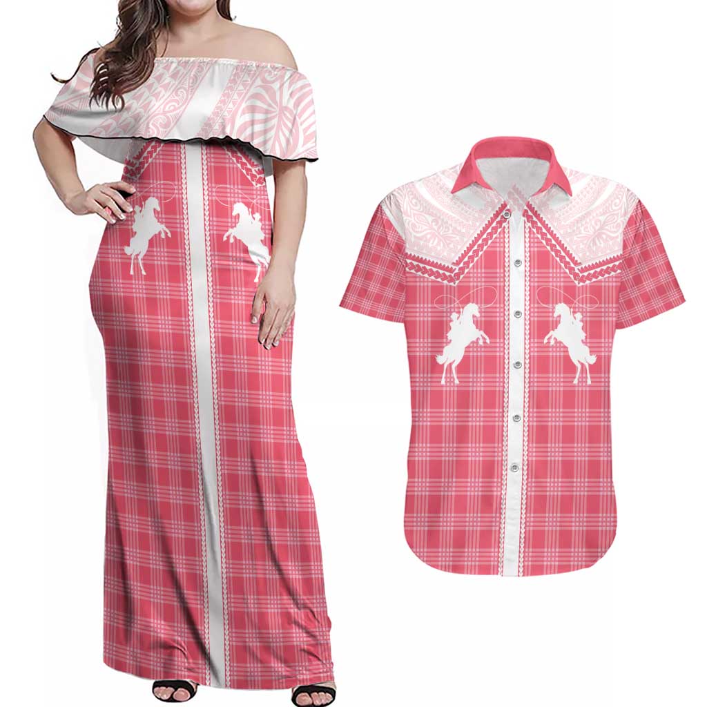 Aloha Hawaii Cowboys Paniolo Couples Matching Off Shoulder Maxi Dress and Hawaiian Shirt Rose Palaka - Polynesian Pride