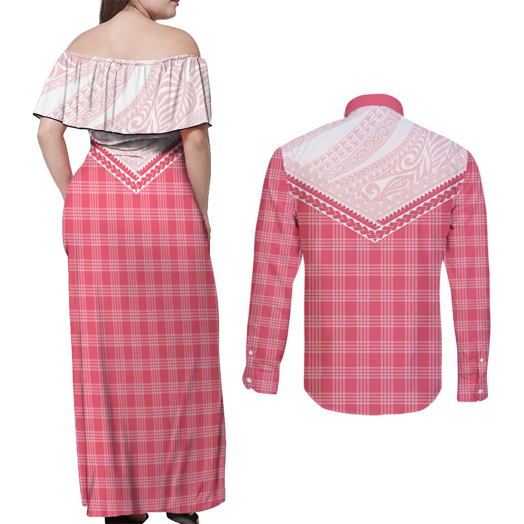 Aloha Hawaii Cowboys Paniolo Couples Matching Off Shoulder Maxi Dress and Long Sleeve Button Shirt Rose Palaka - Polynesian Pride