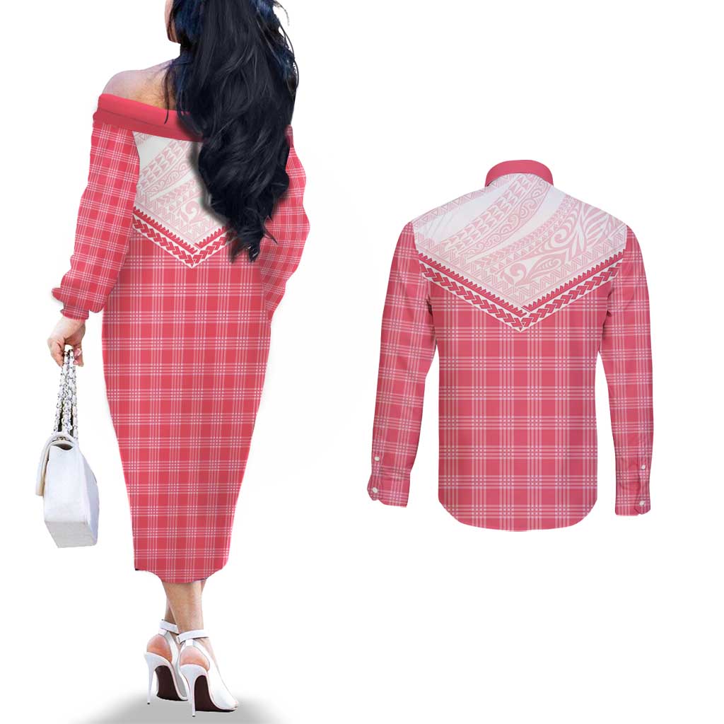 Aloha Hawaii Cowboys Paniolo Couples Matching Off The Shoulder Long Sleeve Dress and Long Sleeve Button Shirt Rose Palaka - Polynesian Pride