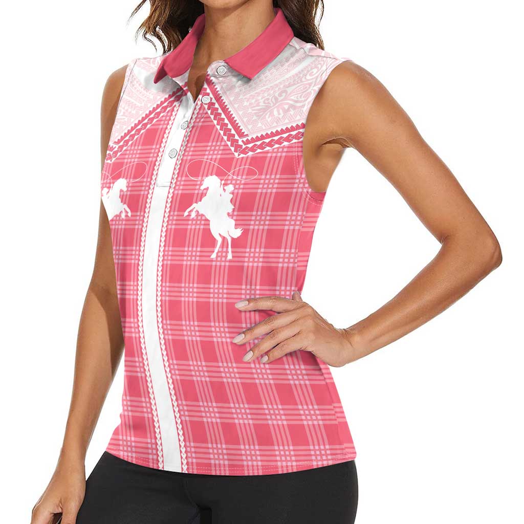 Aloha Hawaii Cowboys Paniolo Women Sleeveless Polo Shirt Rose Palaka - Polynesian Pride