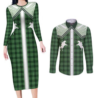 Aloha Hawaii Cowboys Paniolo Couples Matching Long Sleeve Bodycon Dress and Long Sleeve Button Shirt Forest Green Palaka - Polynesian Pride